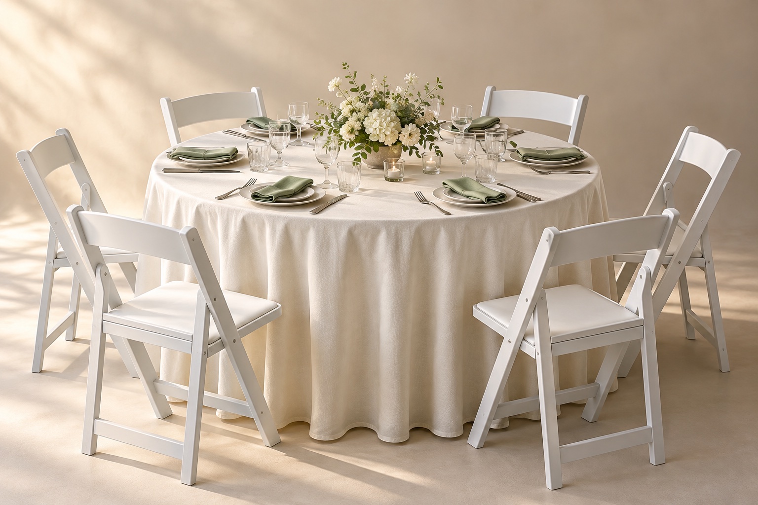 Illustrative tablecloth rental scene: ivory-draped round table with white event chairs and sage napkins